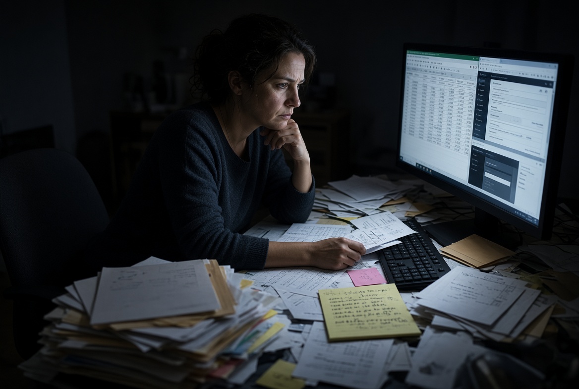 A founder reviewing spreadsheets and paperwork late at night, surrounded by disconnected invoices and notes