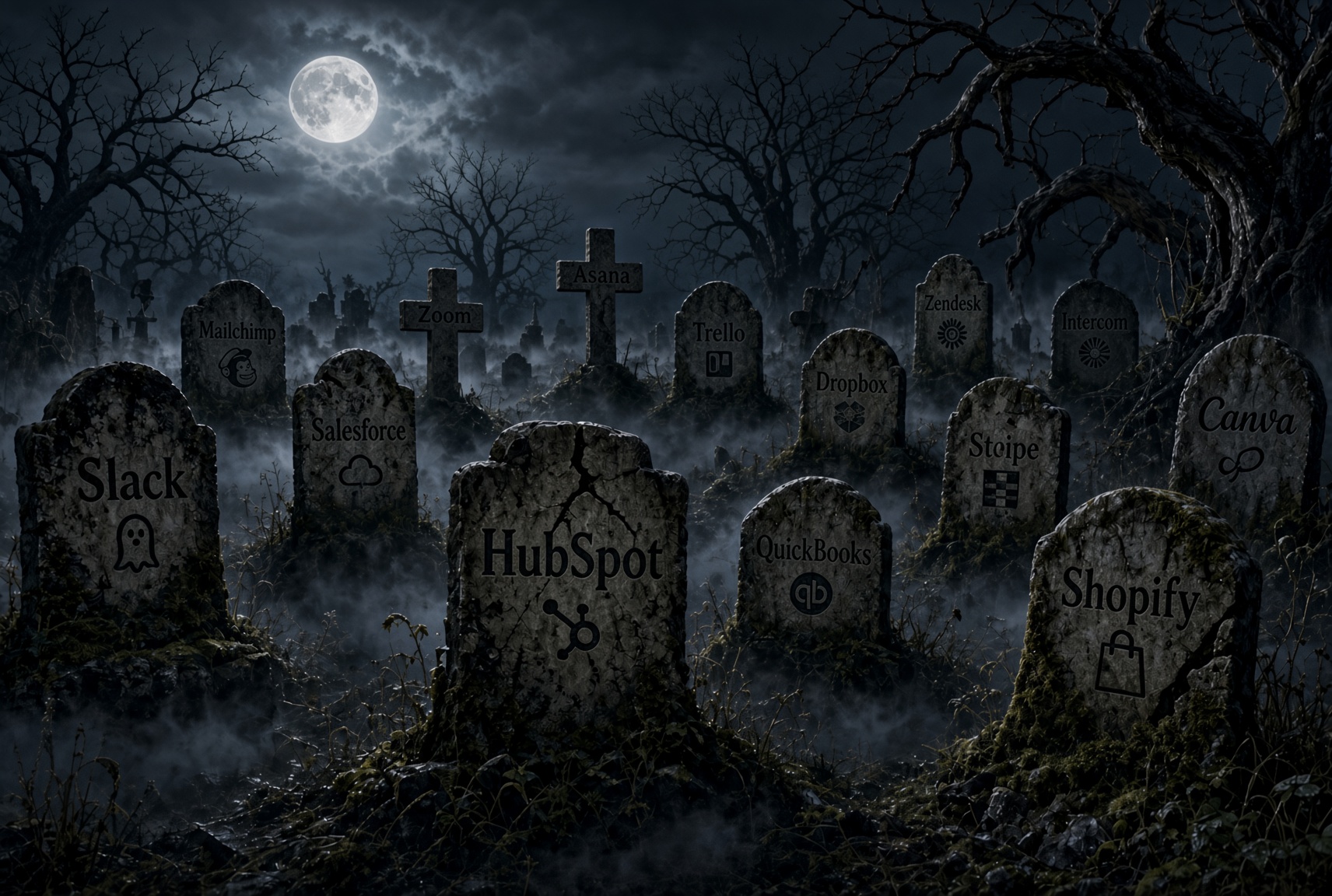 A graveyard of unused software tools — gravestones marked with Slack, HubSpot, Salesforce, and other abandoned SaaS subscriptions